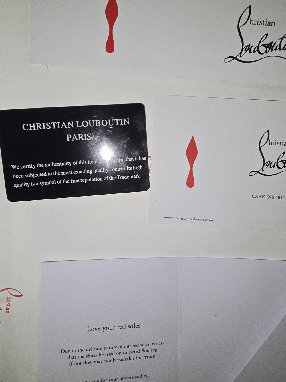 Christian Louboutin Red Soles Care Cards - Silver Writing.